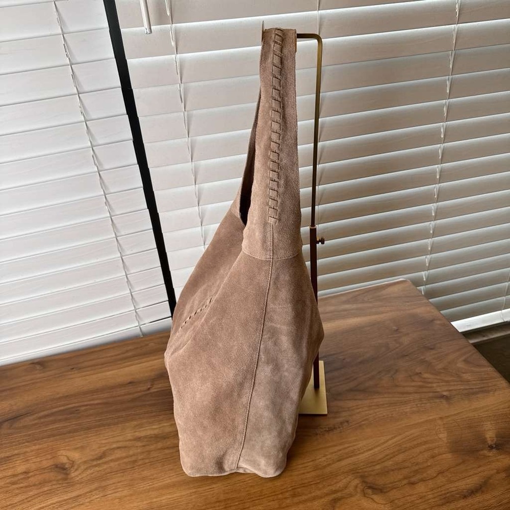 Haute Hippie Tan Suede Boho Slouchy Hobo Shoulder Bag Handbag Whipstitch Detail - Picture 14 of 16